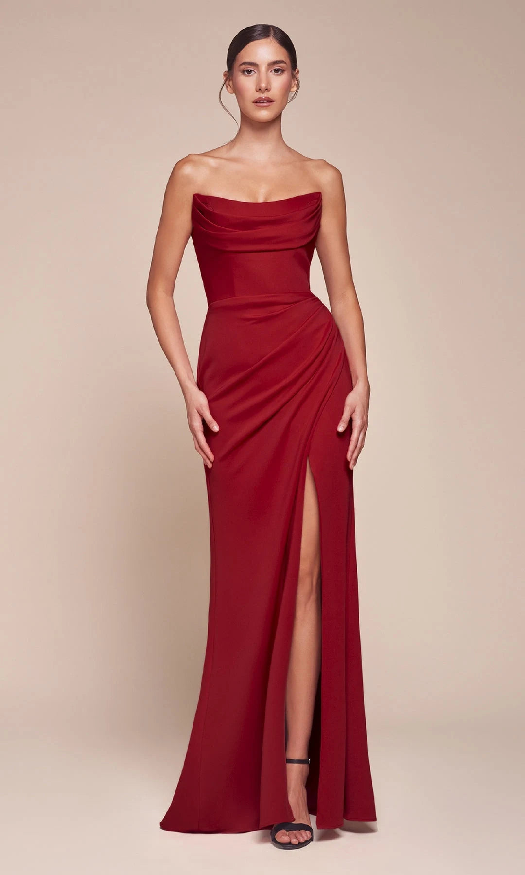 Elegant A-Line Draped Strapless Ruched Slit Burgundy Floor-Length Prom Dress Gown