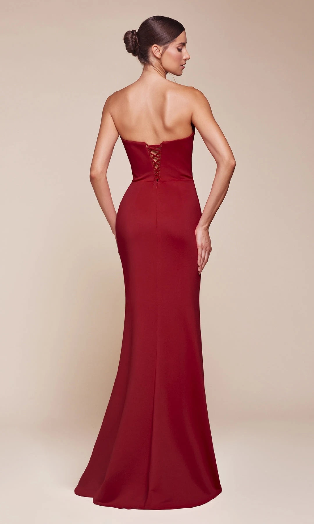 Elegant A-Line Draped Strapless Ruched Slit Burgundy Floor-Length Prom Dress Gown