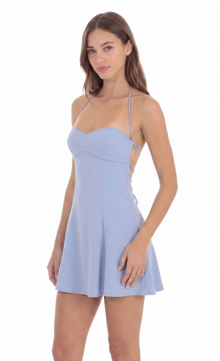 Elegant A-Line Halter Backless Light Blue Mini Homecoming Dress Women's