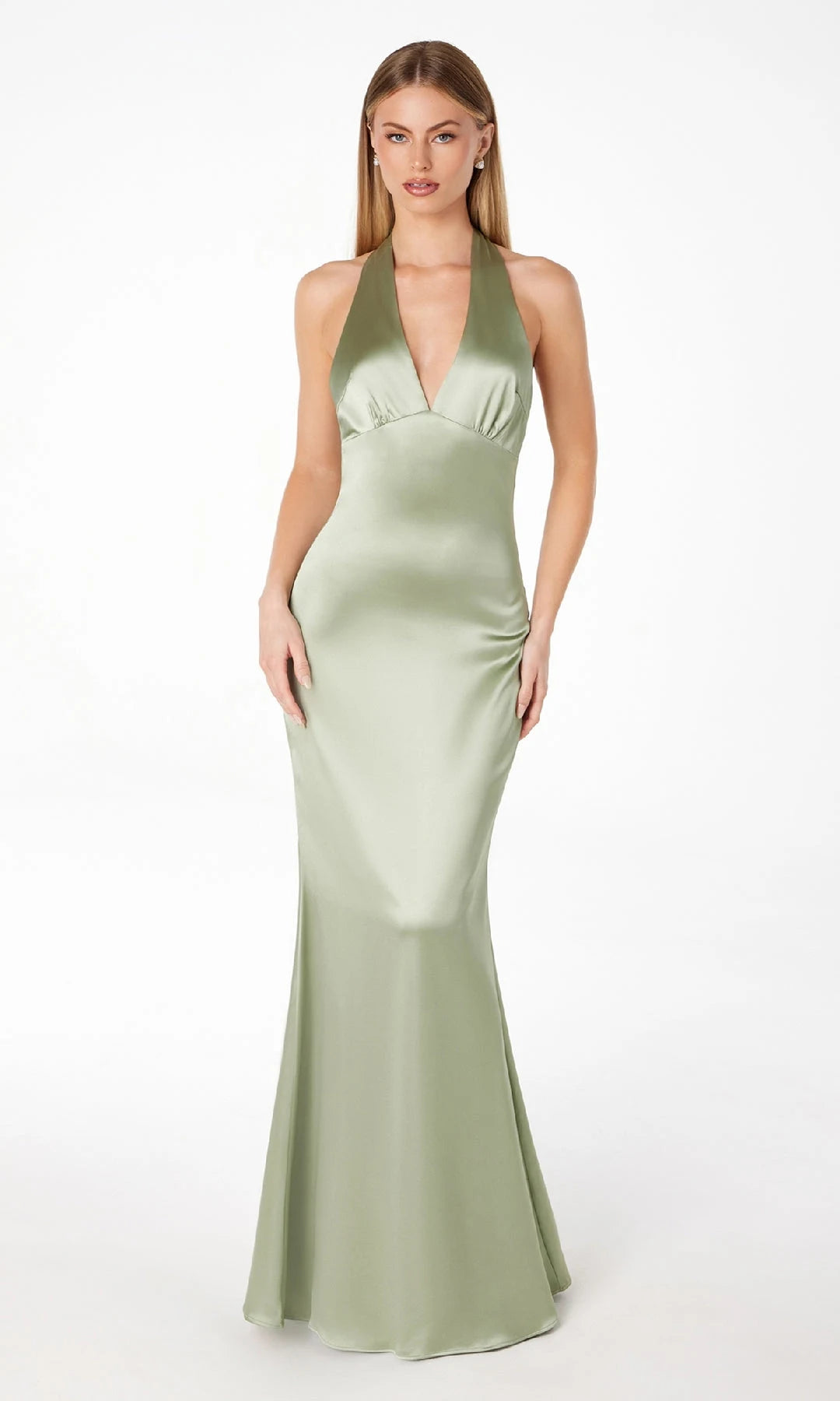 Elegant A-Line Halter Sleeveless Backless Ruched Sage Maxi Prom Dresses Women