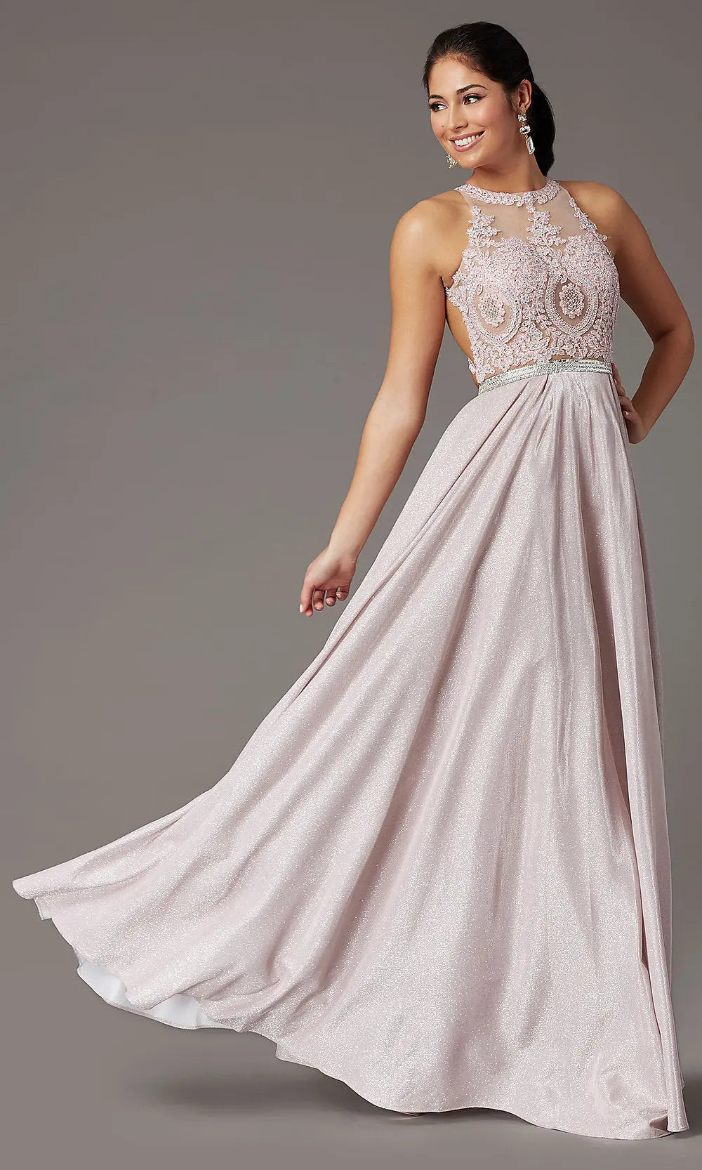 Elegant A-Line Halter Sleeveless Beaded Pocket Blush Long Prom Dresses Gown