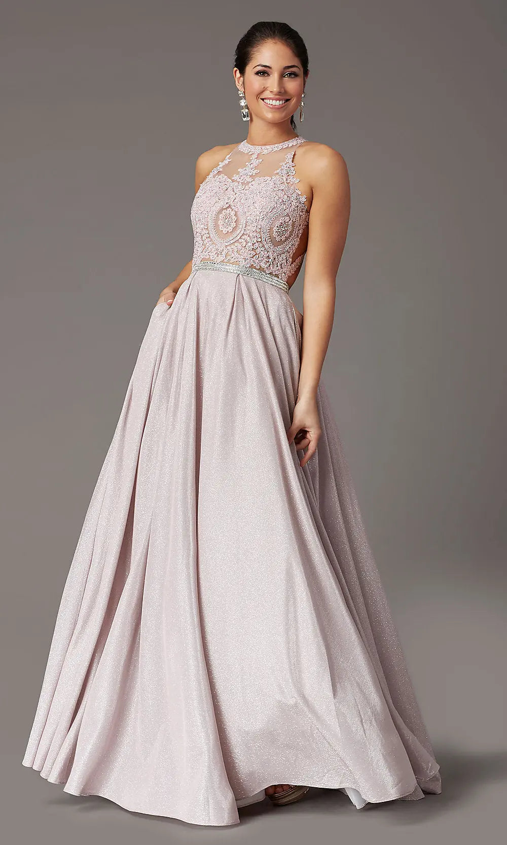 Elegant A-Line Halter Sleeveless Beaded Pocket Blush Long Prom Dresses Gown