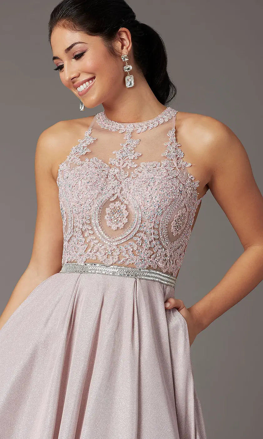 Elegant A-Line Halter Sleeveless Beaded Pocket Blush Long Prom Dresses Gown