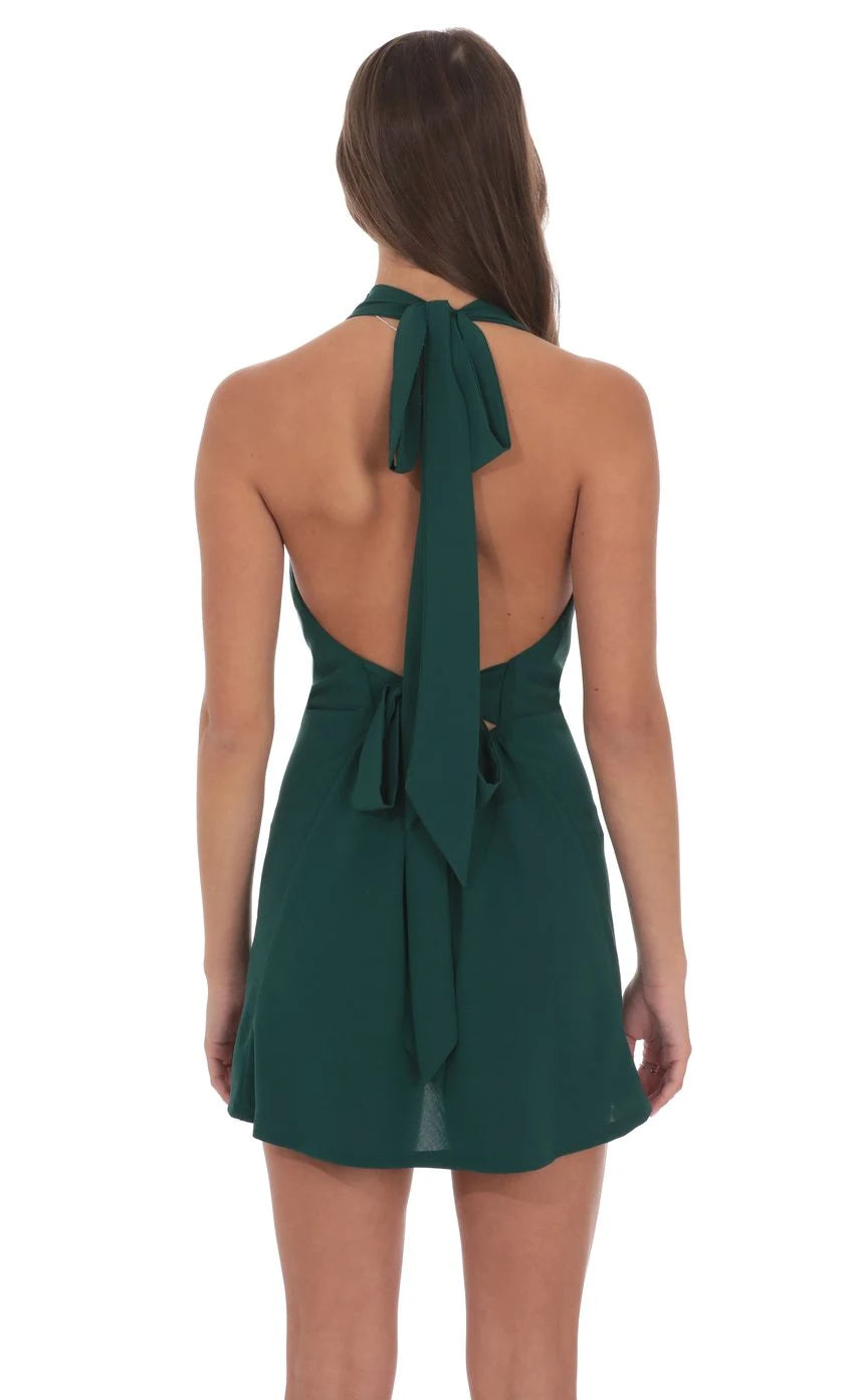 Elegant A-Line Halter Sleeveless Chic Dark Green Mini Homecoming Dress for Women