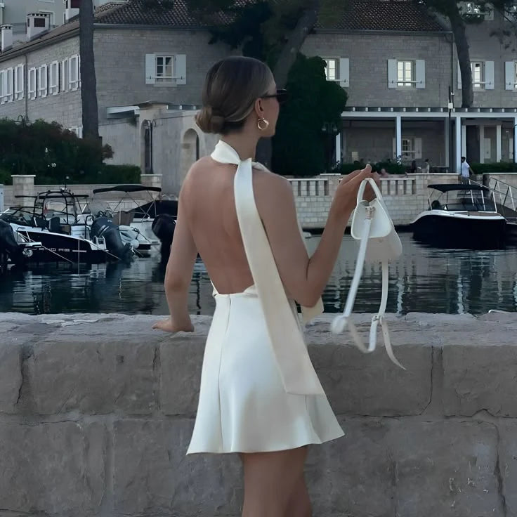 Elegant A-Line Halter Sleeveless Draped Backless Cream Mini Homecoming Dress Women's