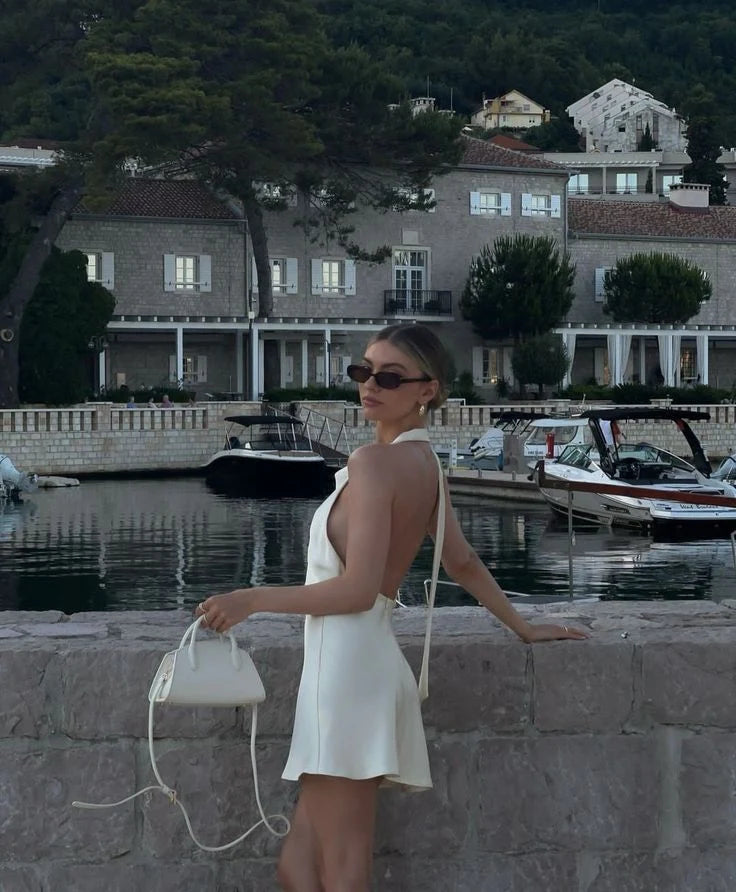 Elegant A-Line Halter Sleeveless Draped Backless Cream Mini Homecoming Dress Women's