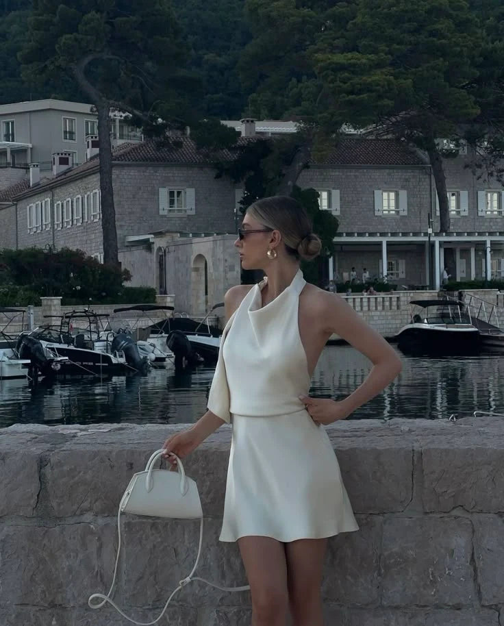 Elegant A-Line Halter Sleeveless Draped Backless Cream Mini Homecoming Dress Women's