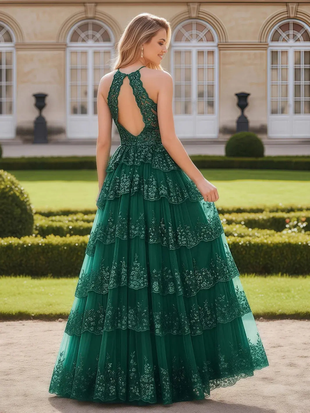 Elegant A-Line Halter Sleeveless Embroidered Tiered Emerald Green Floor-Length Prom Gown
