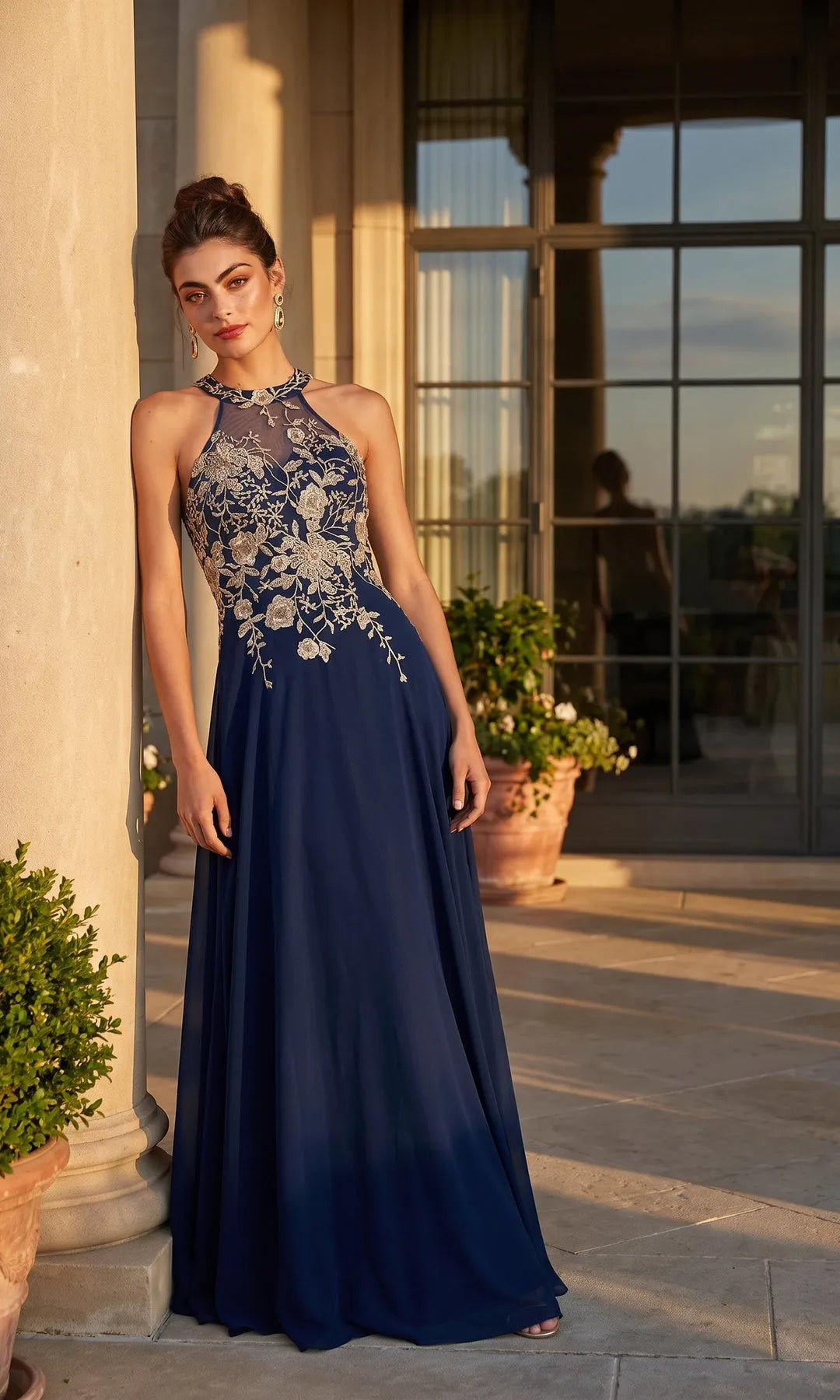 Elegant A-Line Halter Sleeveless Floral Embroidered Navy Long Prom Dresses Women