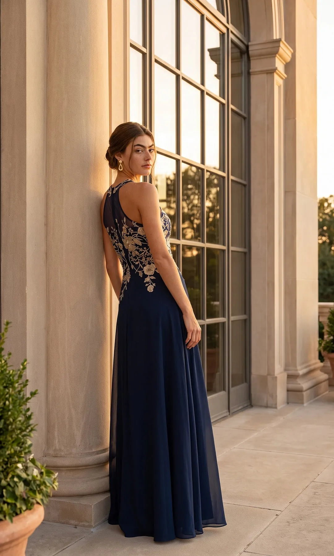 Elegant A-Line Halter Sleeveless Floral Embroidered Navy Long Prom Dresses Women