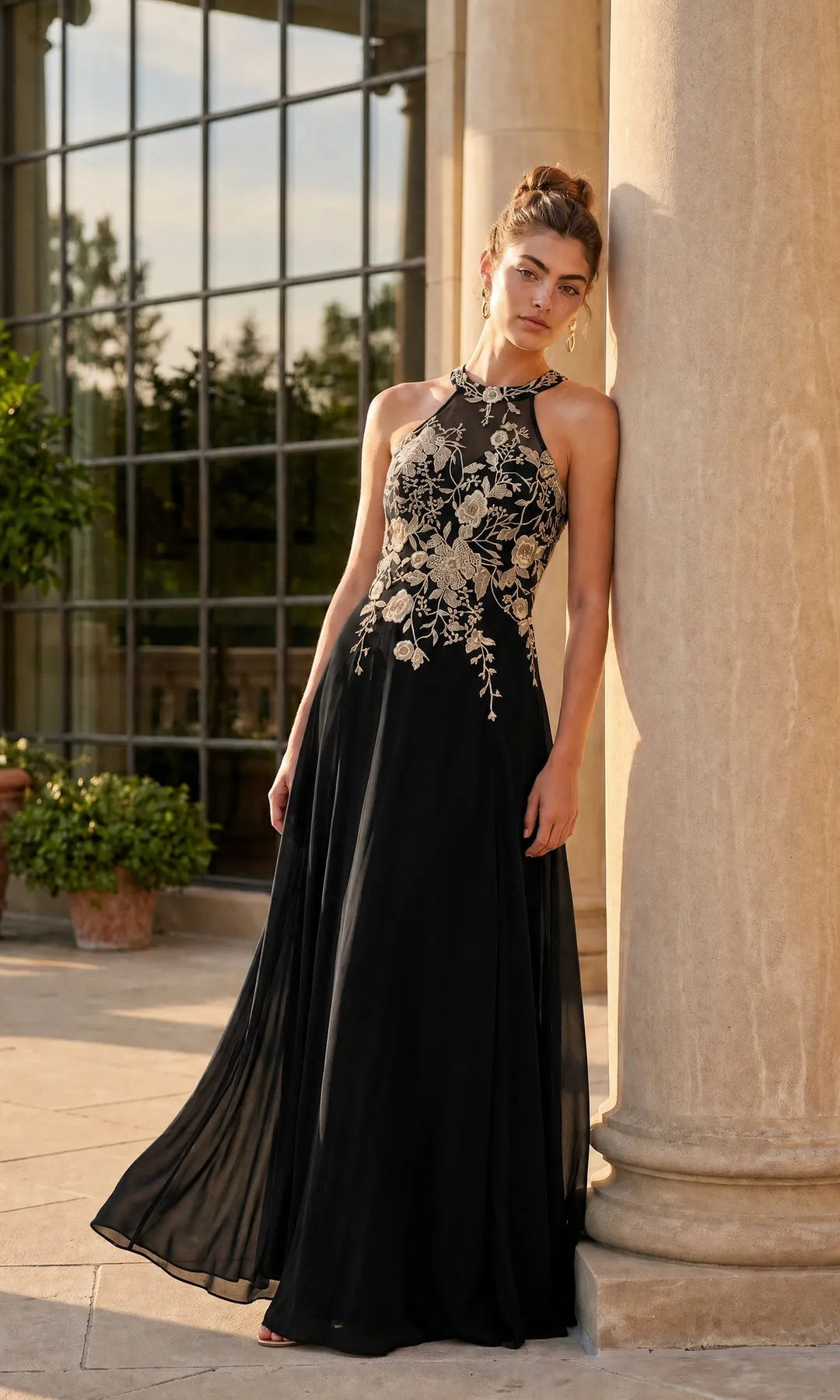 Elegant A-Line Halter Sleeveless Floral Embroidered Navy Long Prom Dresses Women