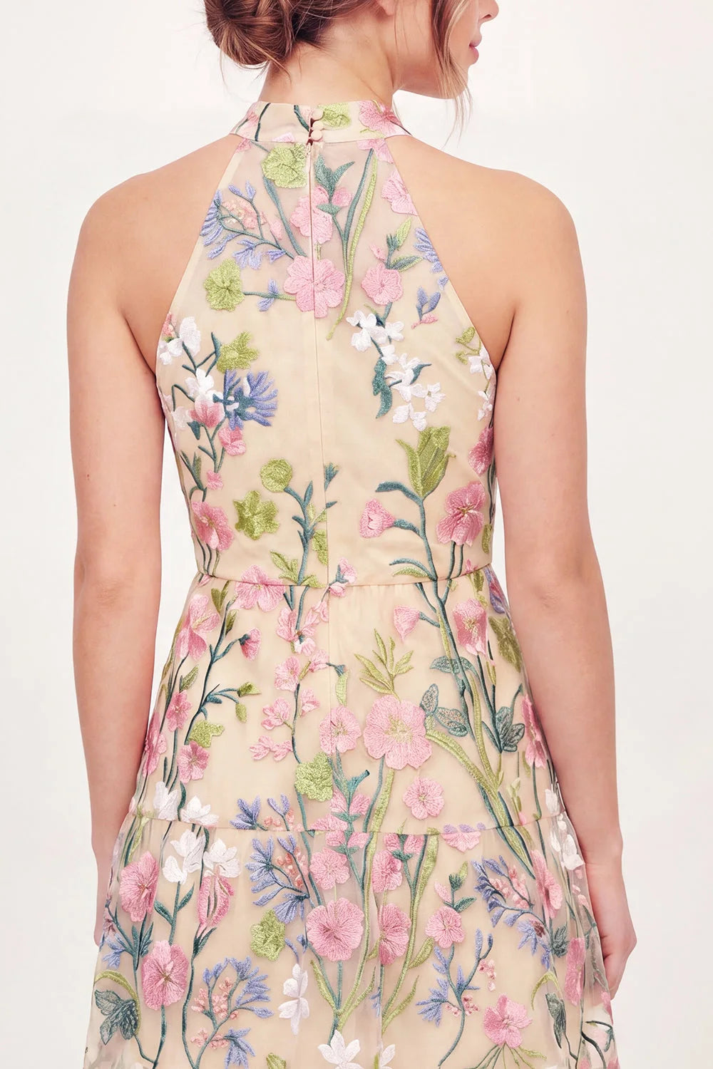Elegant A-Line Halter Sleeveless Floral Embroidered Nude Short Homecoming Dress