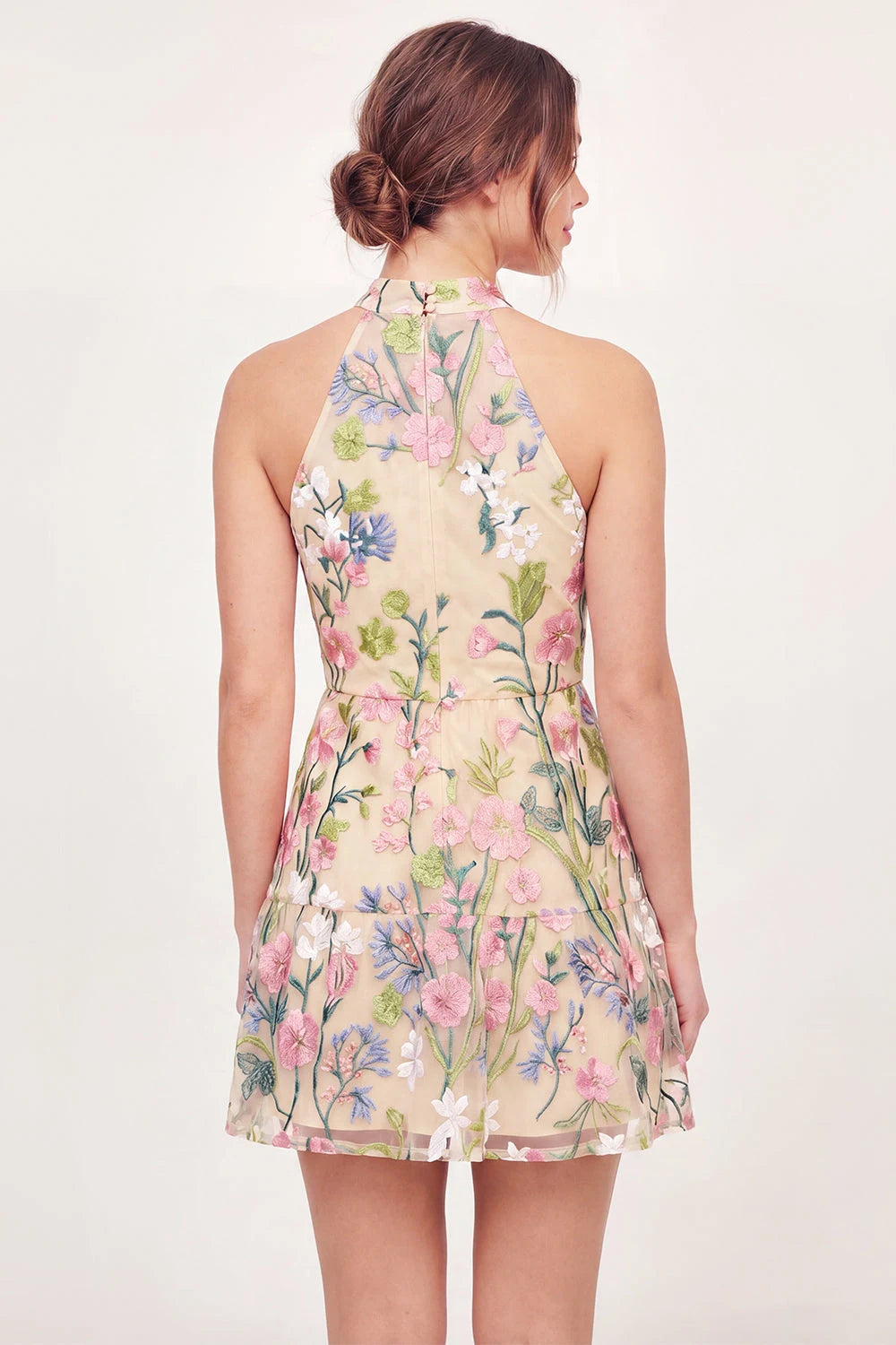 Elegant A-Line Halter Sleeveless Floral Embroidered Nude Short Homecoming Dress