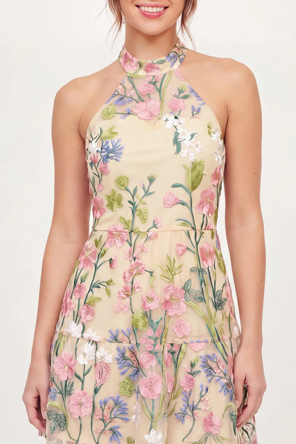 Elegant A-Line Halter Sleeveless Floral Embroidered Nude Short Homecoming Dress