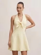 Elegant A-Line Halter Sleeveless Front-Tie Light Yellow Mini Homecoming Dress Women's
