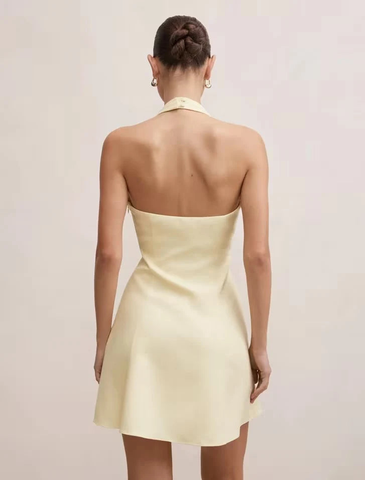 Elegant A-Line Halter Sleeveless Front-Tie Light Yellow Mini Homecoming Dress Women's