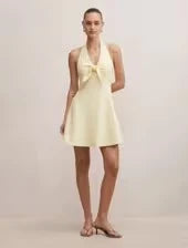 Elegant A-Line Halter Sleeveless Front-Tie Light Yellow Mini Homecoming Dress Women's