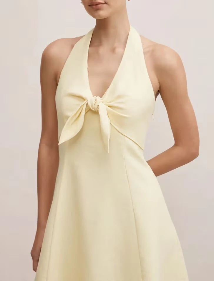 Elegant A-Line Halter Sleeveless Front-Tie Light Yellow Mini Homecoming Dress Women's