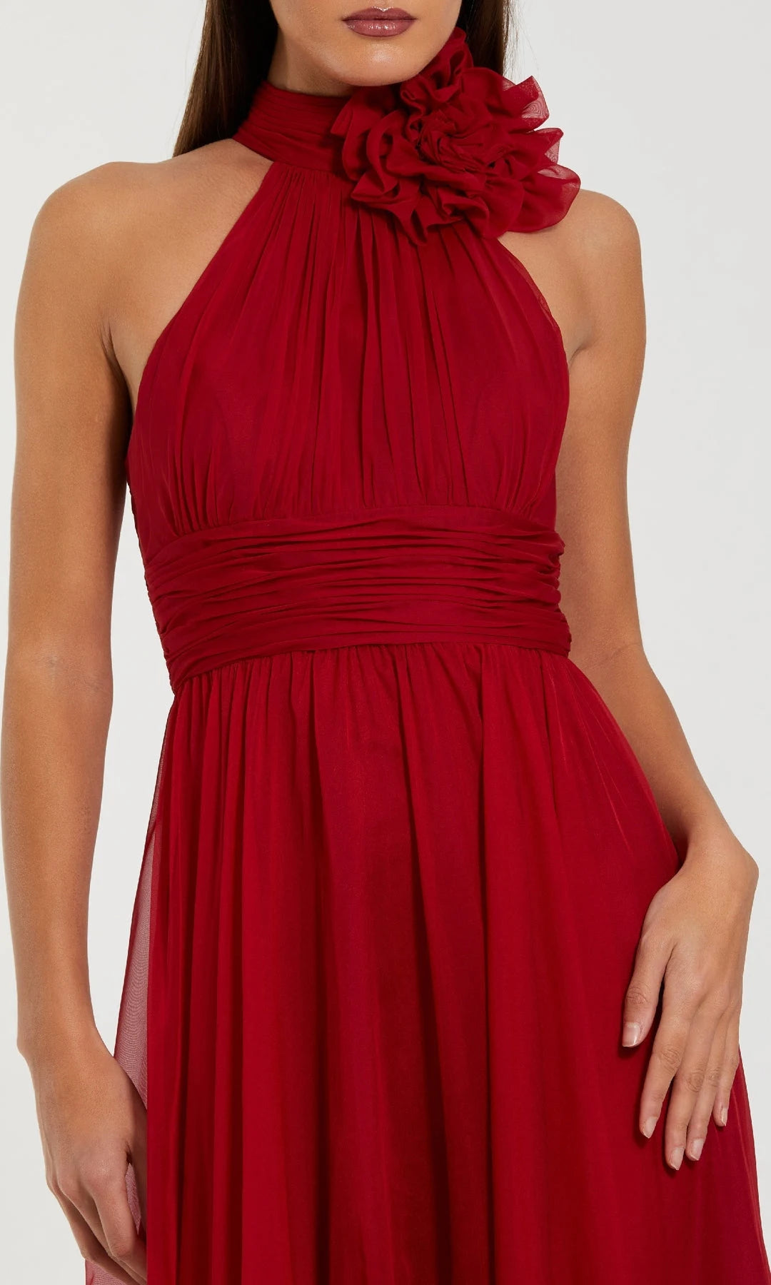 Elegant A-Line Halter Sleeveless Pleated Rosette Red Maxi Prom Dresses Women
