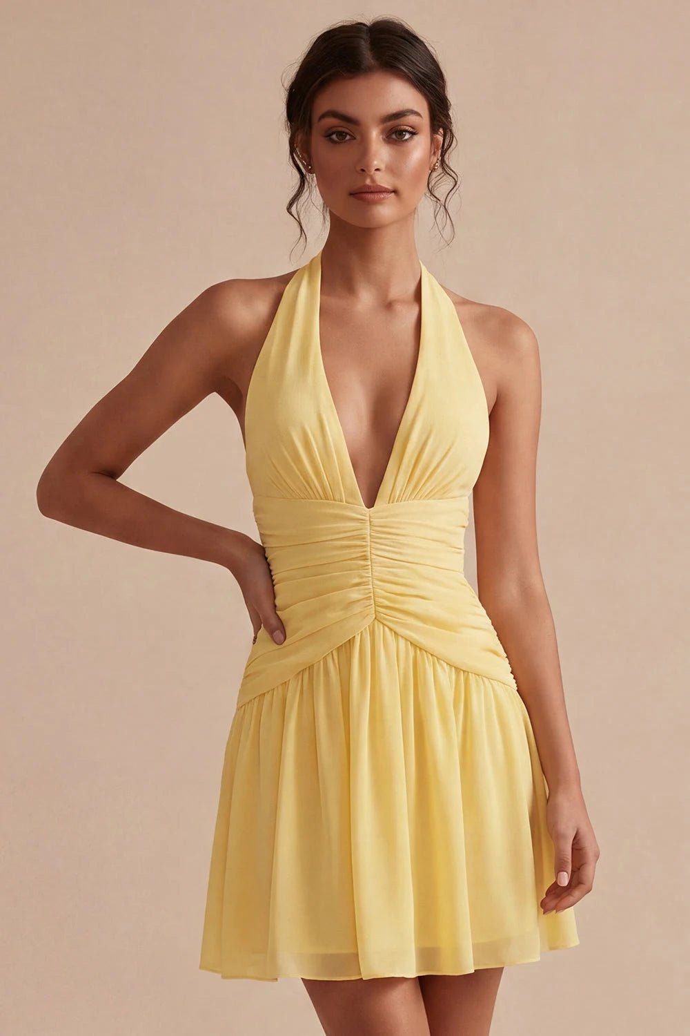 Elegant A-Line Halter Sleeveless Ruched Mini Pastel Yellow Homecoming Dresses Women's Gown