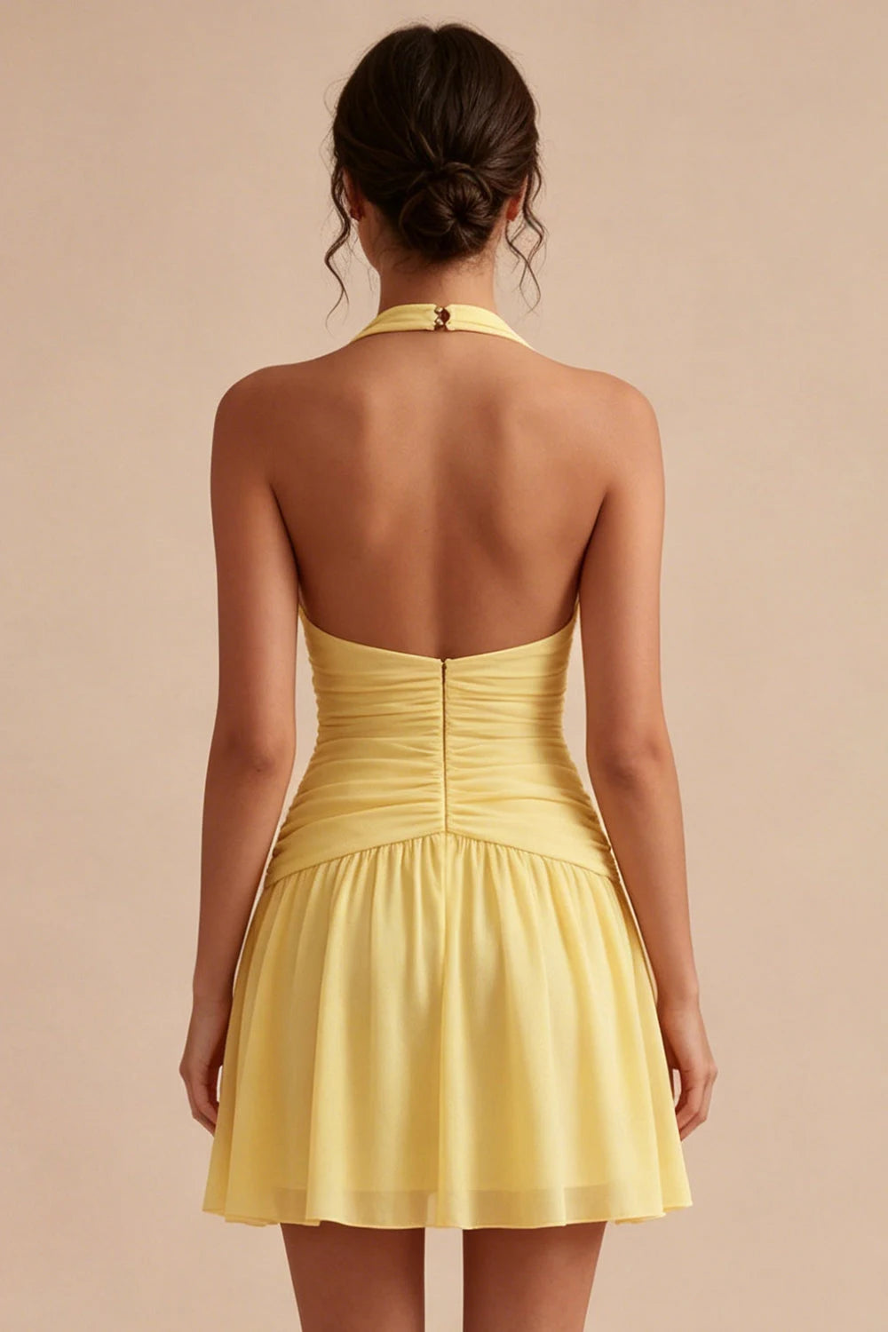 Elegant A-Line Halter Sleeveless Ruched Mini Pastel Yellow Homecoming Dresses Women's Gown