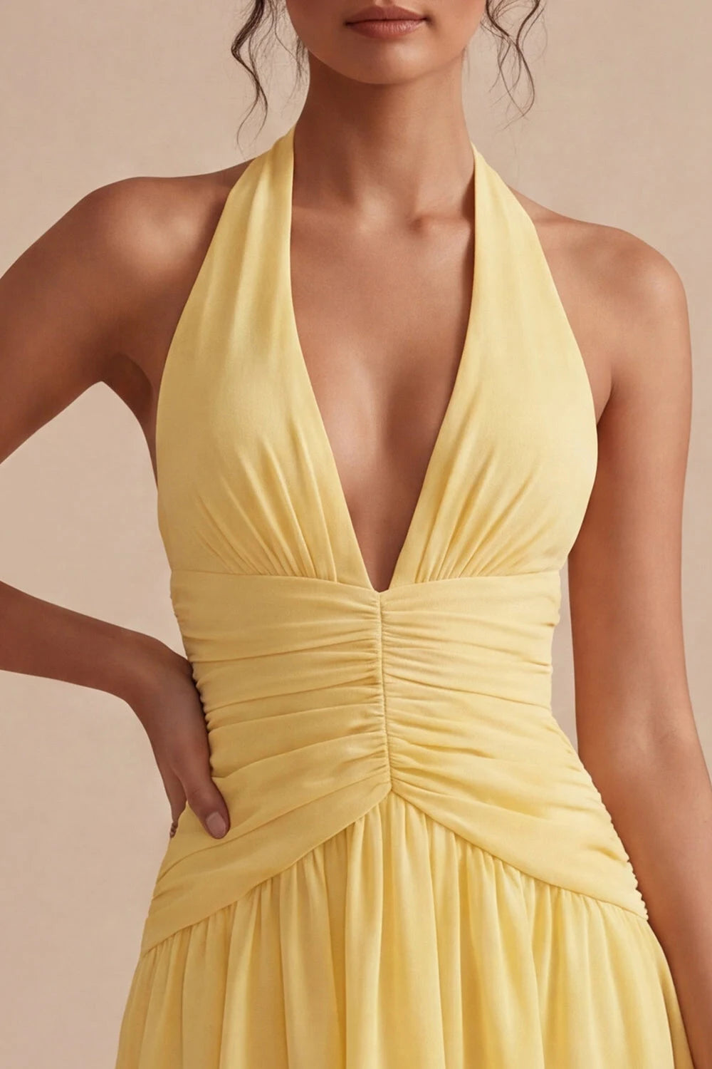 Elegant A-Line Halter Sleeveless Ruched Mini Pastel Yellow Homecoming Dresses Women's Gown