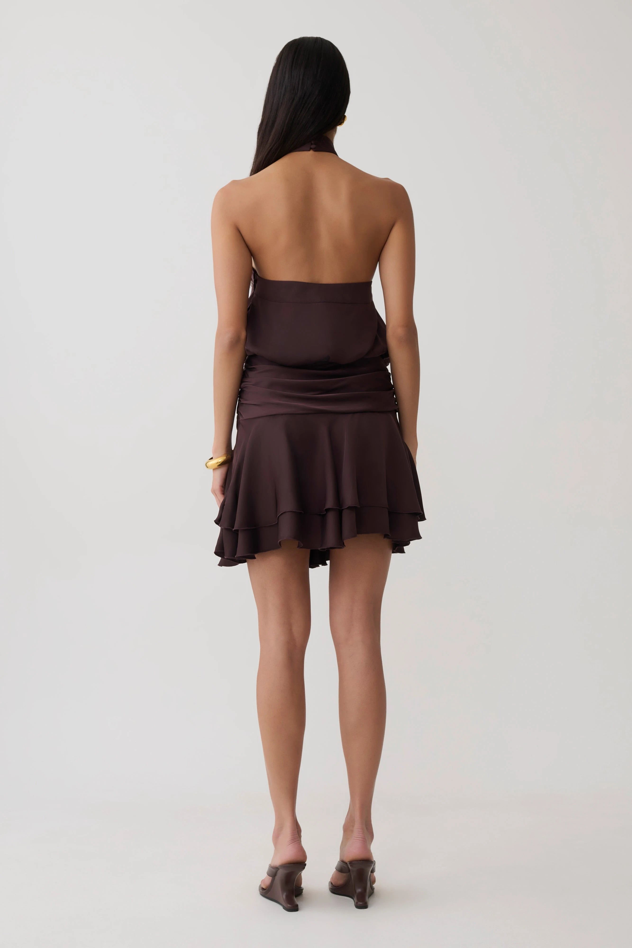 Elegant A-Line Halter Sleeveless Ruched Tiered Espresso Mini Homecoming Dress