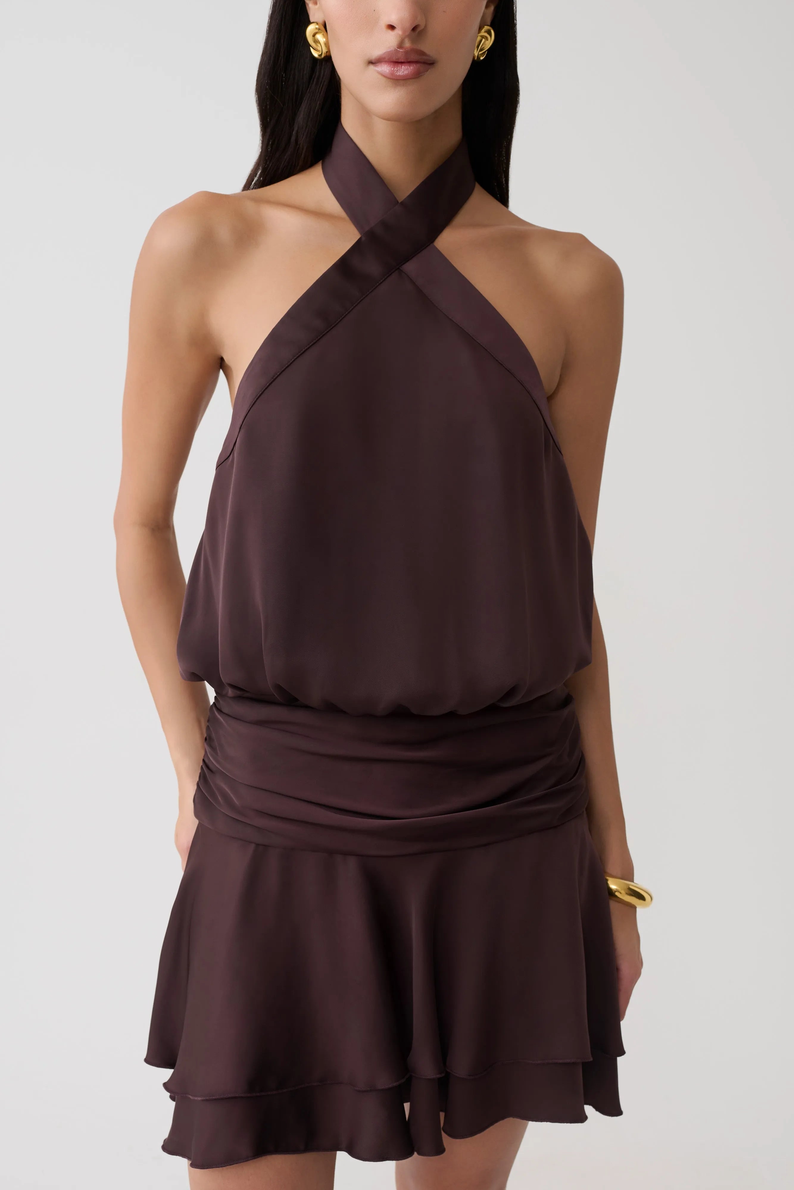 Elegant A-Line Halter Sleeveless Ruched Tiered Espresso Mini Homecoming Dress