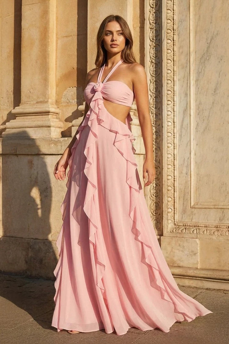 Elegant A-Line Halter Sleeveless Ruffled Cutout Pink Maxi Prom Gown
