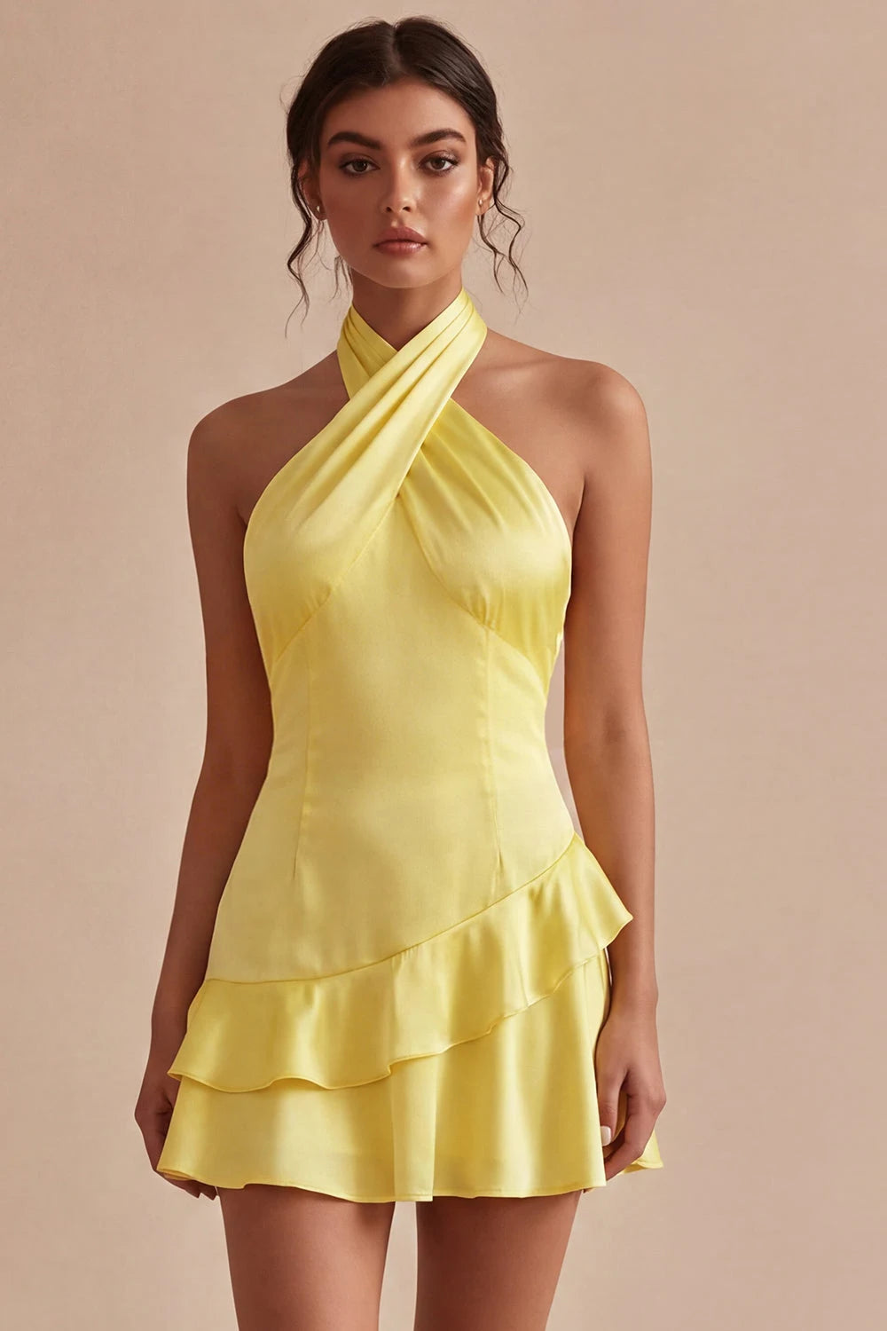 Elegant A-Line Halter Sleeveless Ruffled Yellow Mini Homecoming Dress Women's Party