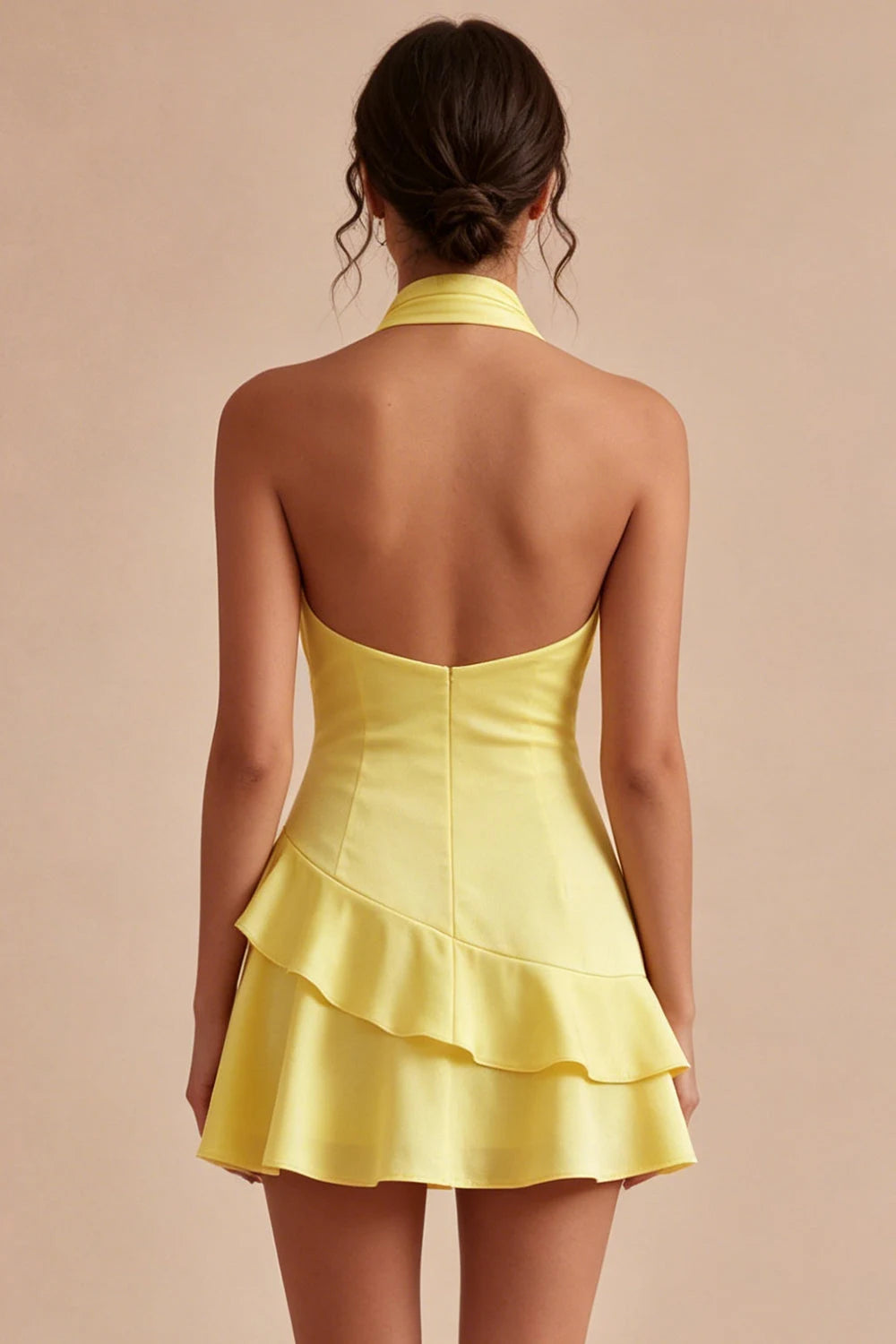 Elegant A-Line Halter Sleeveless Ruffled Yellow Mini Homecoming Dress Women's Party