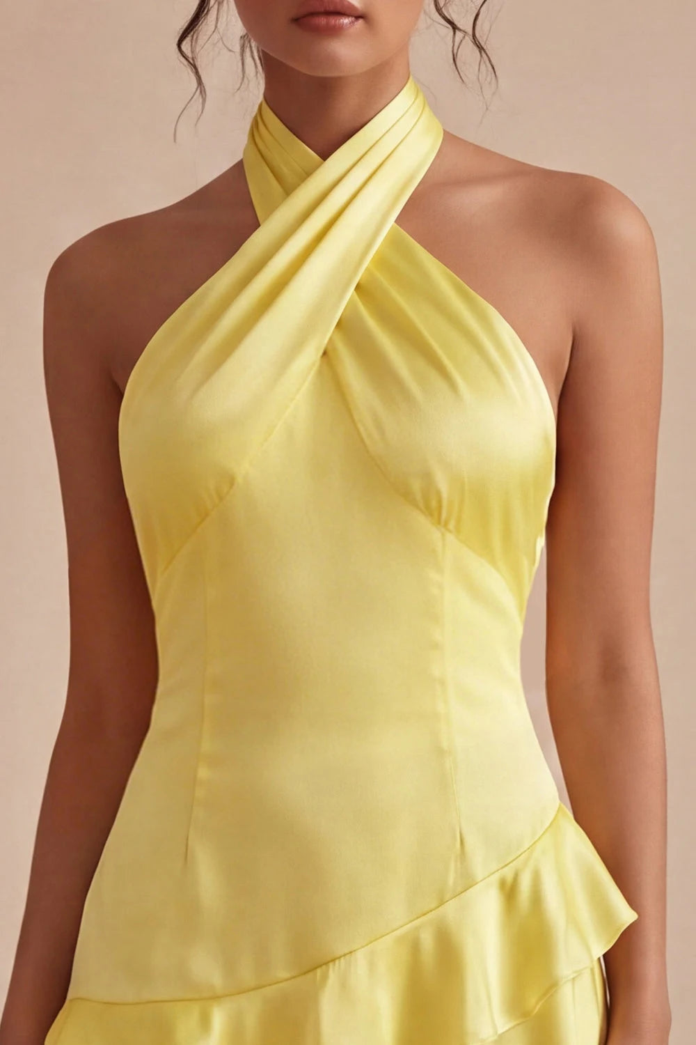 Elegant A-Line Halter Sleeveless Ruffled Yellow Mini Homecoming Dress Women's Party