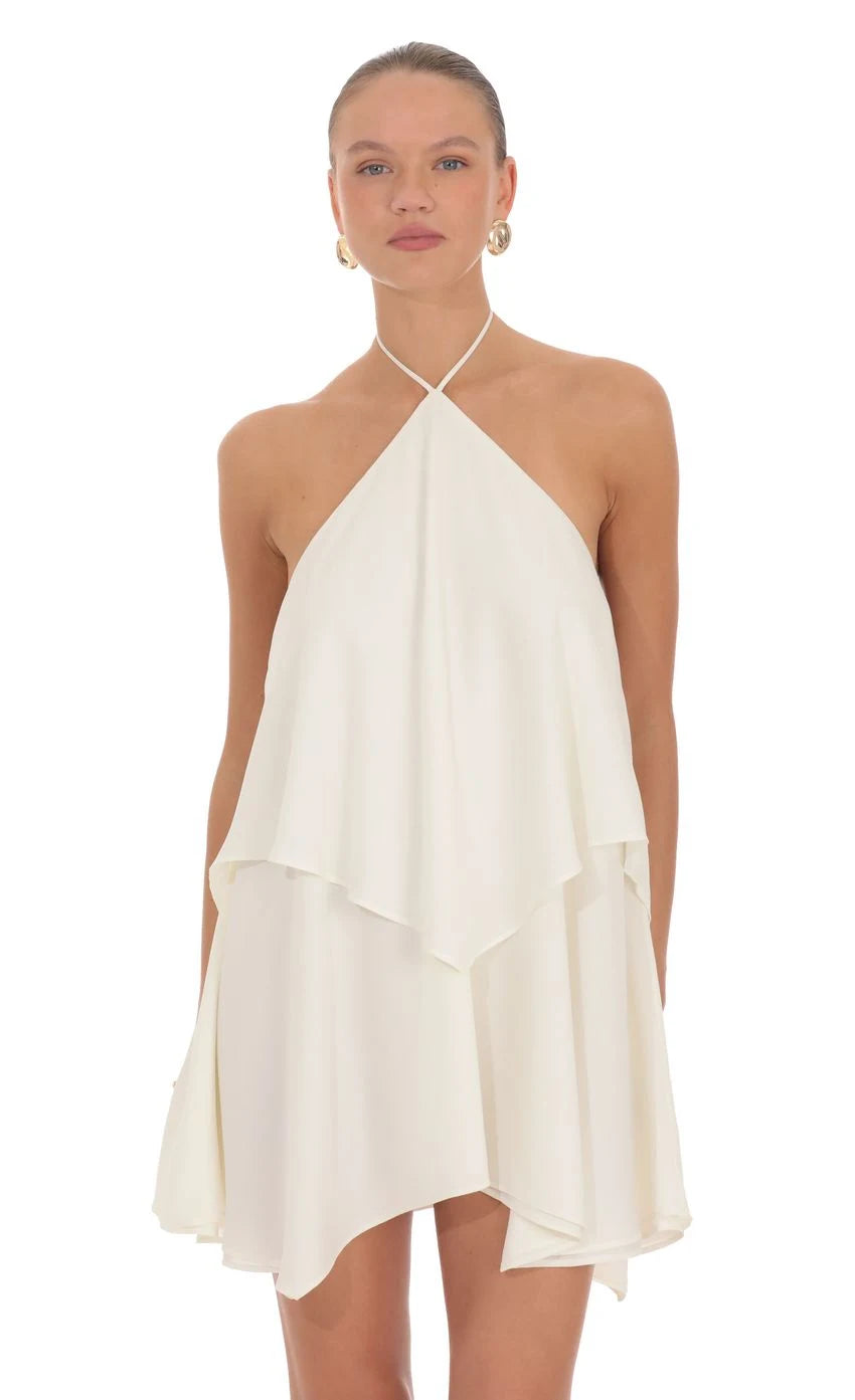 Elegant A-Line Halter Sleeveless Tiered Backless Ivory Short Homecoming Dress