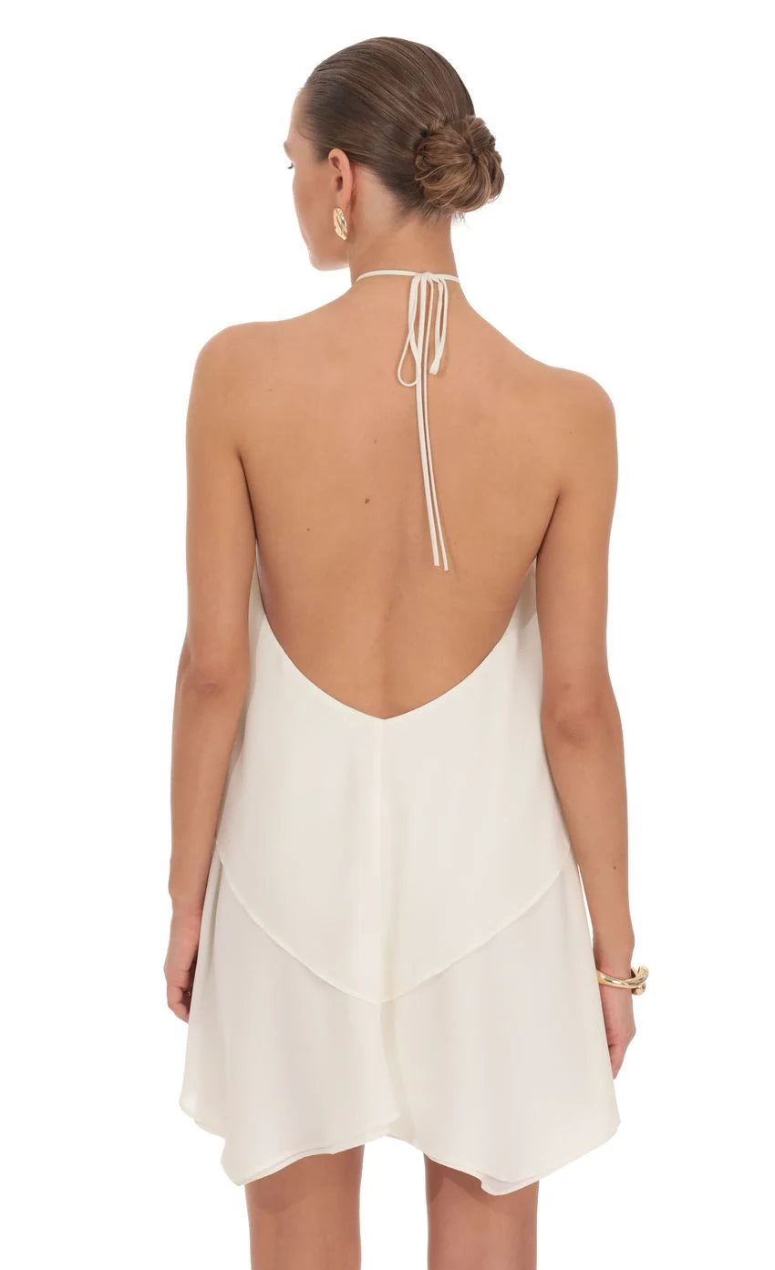Elegant A-Line Halter Sleeveless Tiered Backless Ivory Short Homecoming Dress