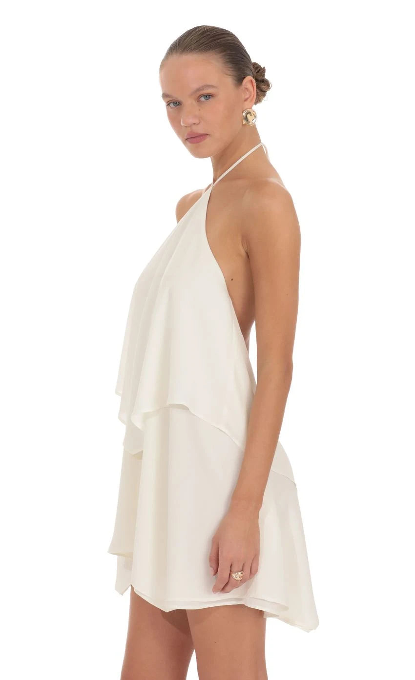 Elegant A-Line Halter Sleeveless Tiered Backless Ivory Short Homecoming Dress