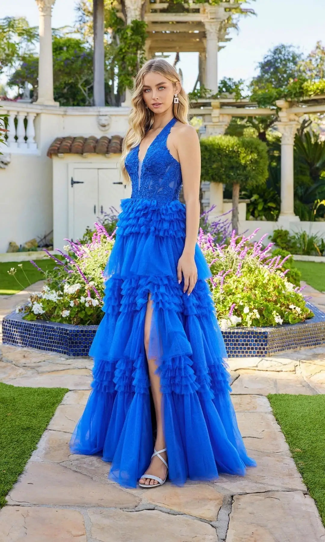 Elegant A-Line Halter Sleeveless Tiered Slit Blue Maxi Prom Dresses Women