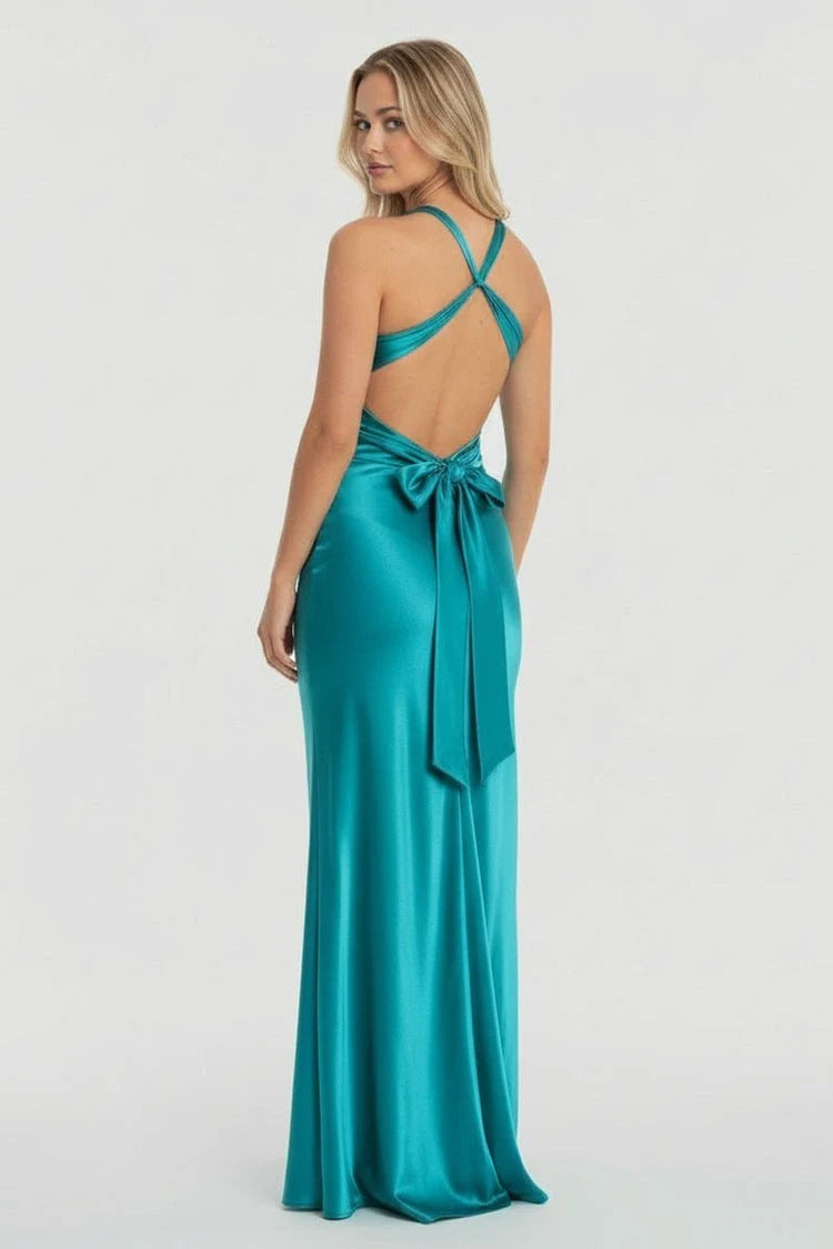 Elegant A-Line Halter Sleeveless Twisted Backless Teal Floor-Length Prom Dresses Gown
