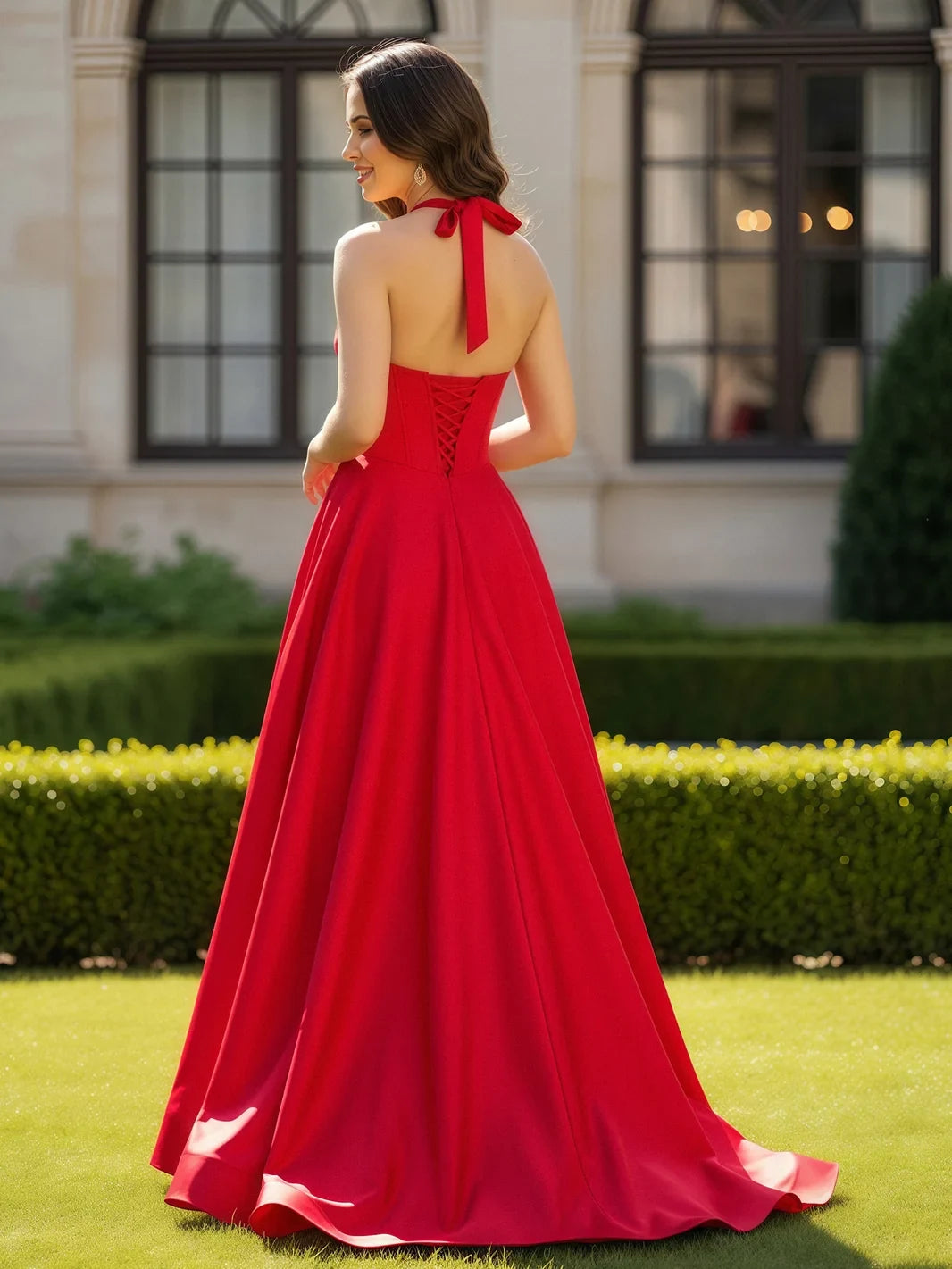Elegant A-Line Halter Sweetheart High Slit Red Floor-Length Prom Gown