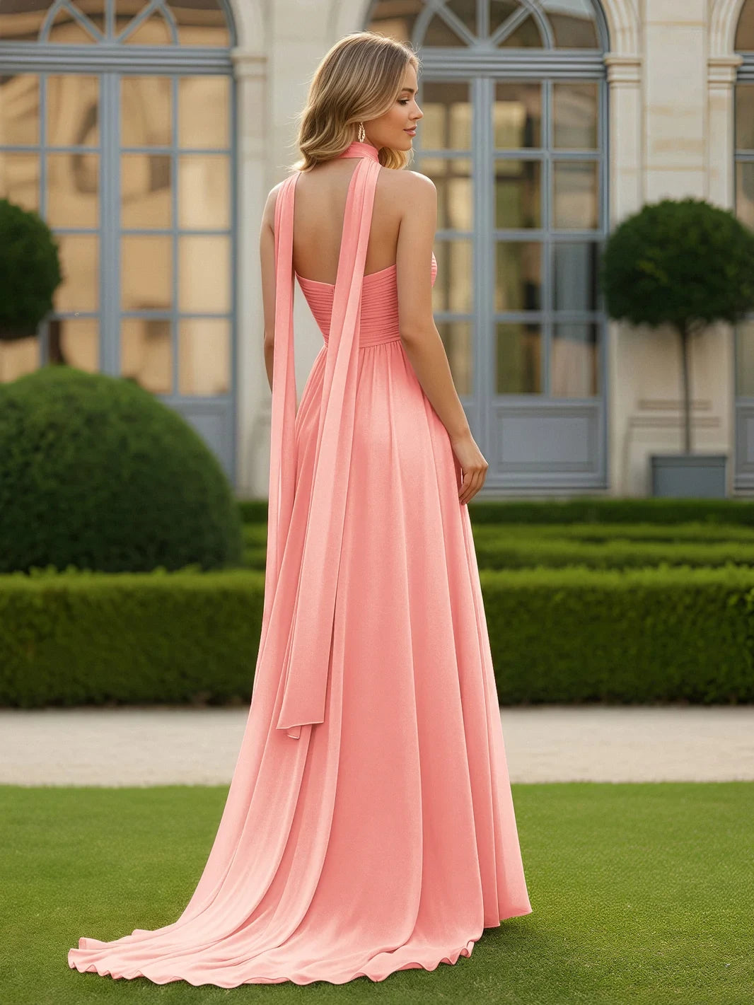 Elegant A-Line Halter Sweetheart Sleeveless High Slit Coral Floor-Length Prom Gown