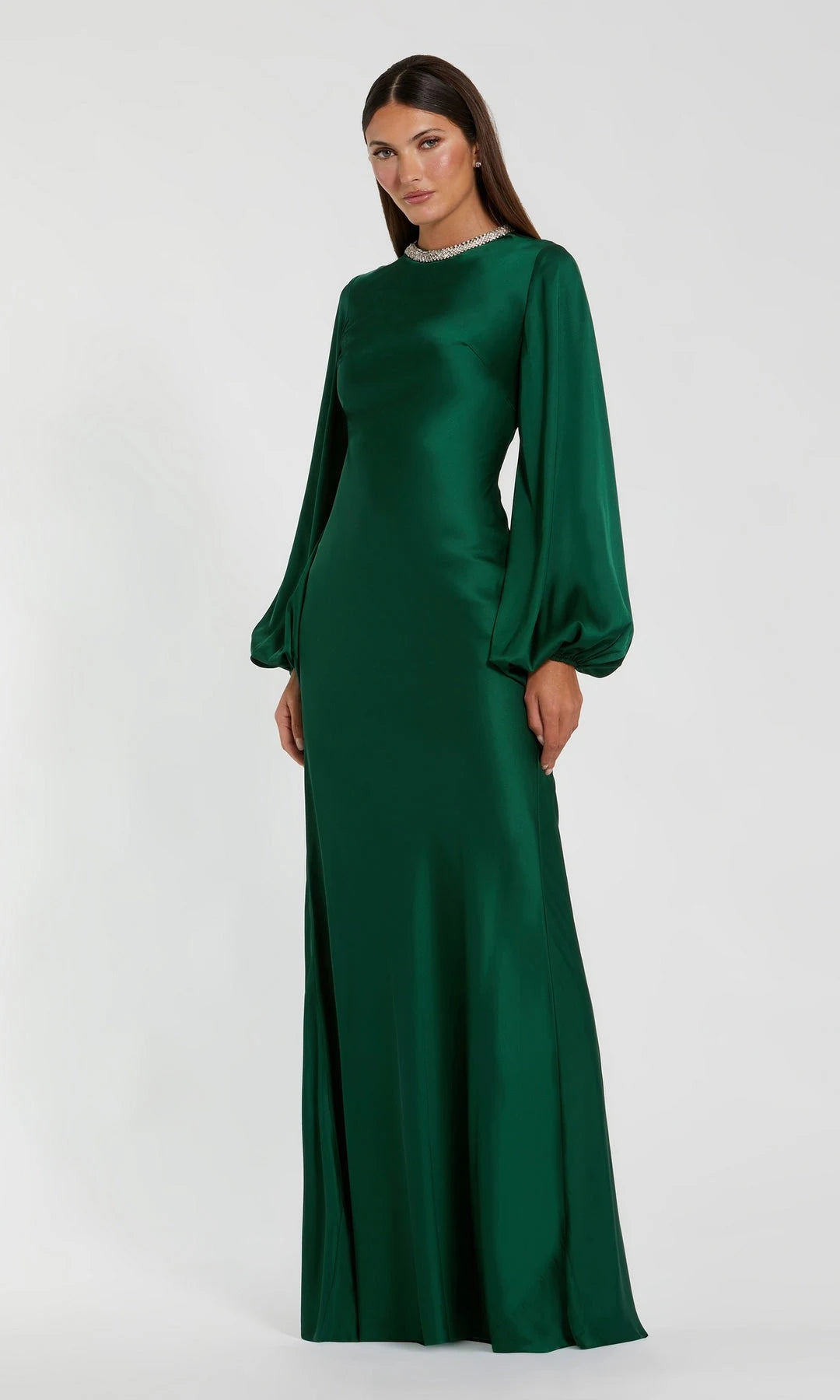 Elegant A-Line High-Neck Long-Sleeve Beaded Modest Emerald Maxi Prom Dresses Gown