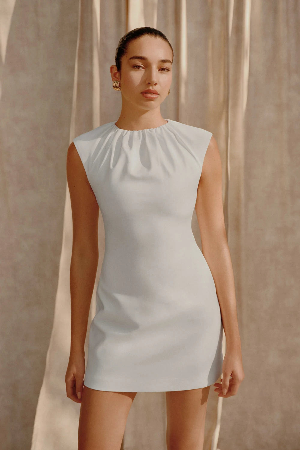 Elegant A-Line High Neck Cap Sleeves Gathered Chic Ivory Mini Homecoming Dress
