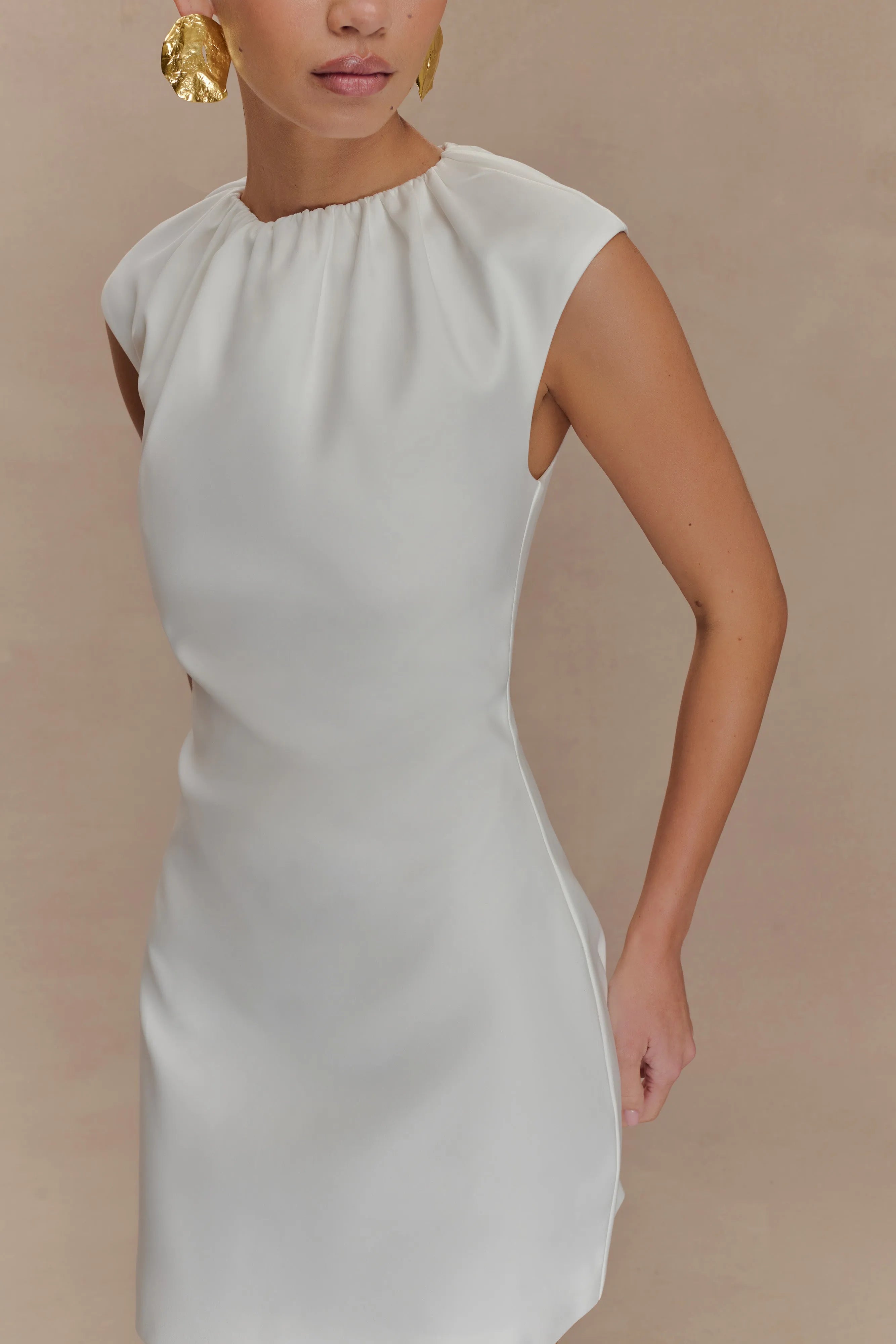 Elegant A-Line High Neck Cap Sleeves Gathered Chic Ivory Mini Homecoming Dress