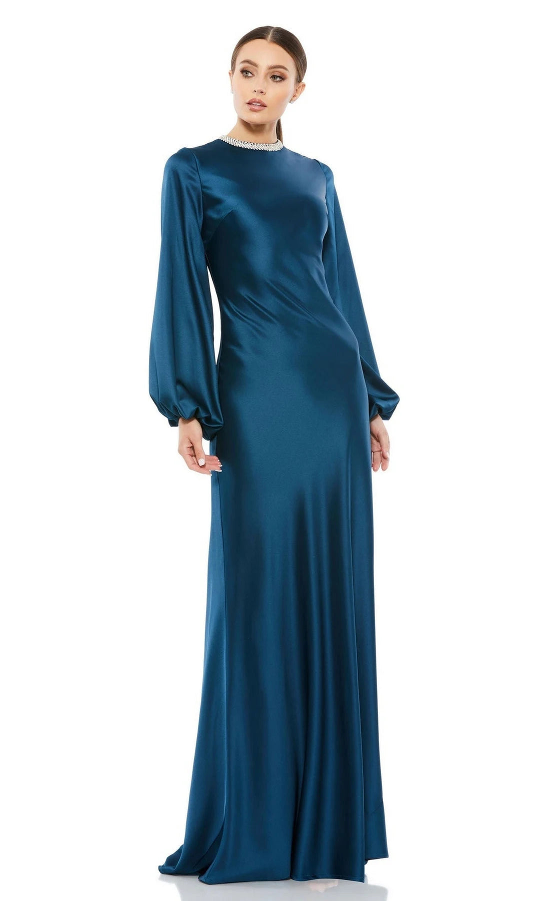 Elegant A-Line Jewel Neck Long Sleeve Beaded Teal Prom Dresses Gown