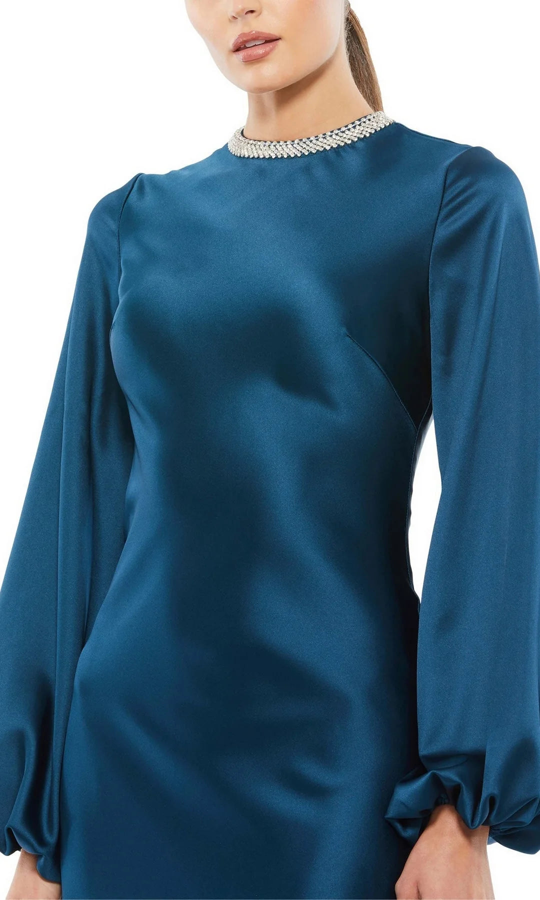 Elegant A-Line Jewel Neck Long Sleeve Beaded Teal Prom Dresses Gown
