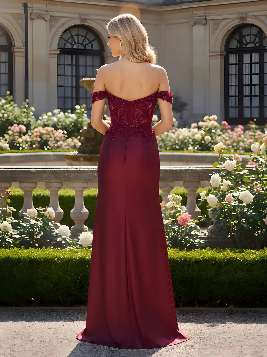 Elegant A-Line Off-Shoulder Beaded Slit Burgundy Floor-Length Prom Gown