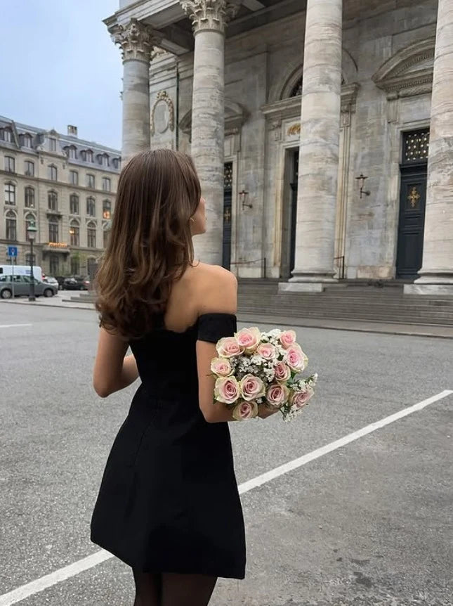 Elegant A-Line Off-Shoulder Black Mini Party Homecoming Dress Women's