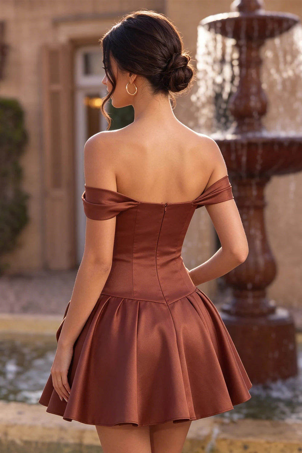 Elegant A-Line Off-Shoulder Bow-Accent Rust Mini Homecoming Dress Women's
