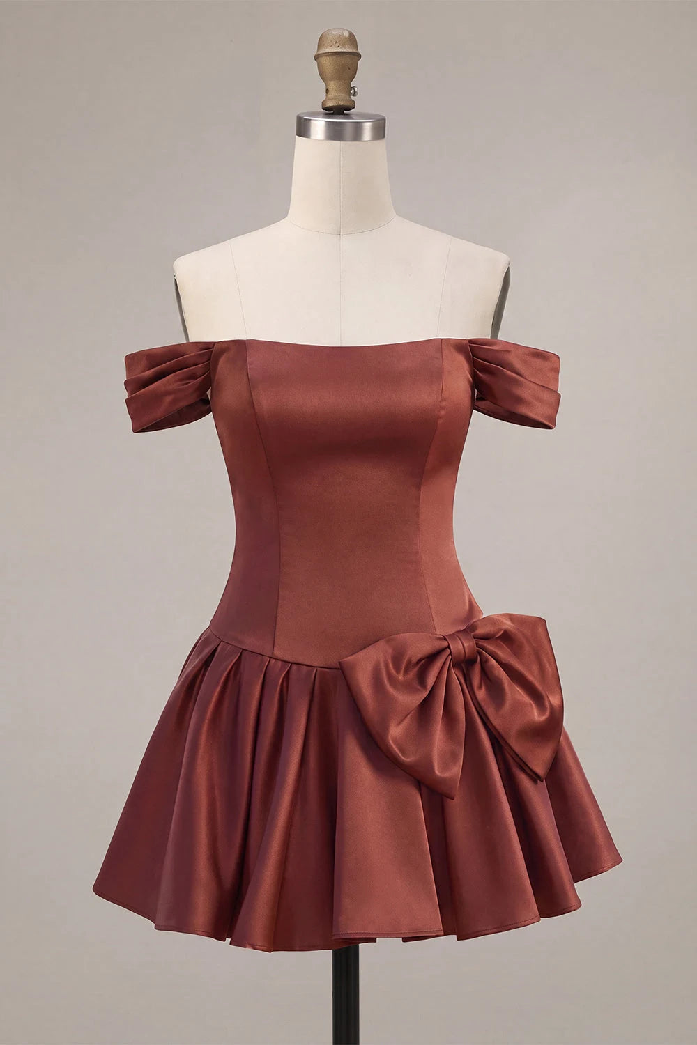 Elegant A-Line Off-Shoulder Bow-Accent Rust Mini Homecoming Dress Women's