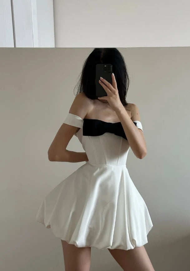 Elegant A-Line Off-Shoulder Bowknot White Short Homecoming Dress for Women