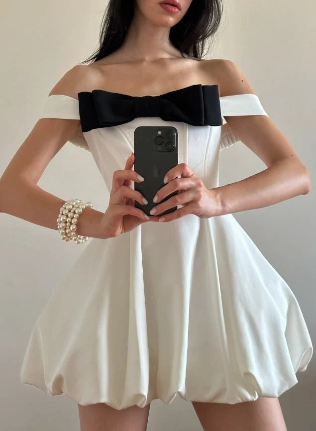 Elegant A-Line Off-Shoulder Bowknot White Short Homecoming Dress for Women